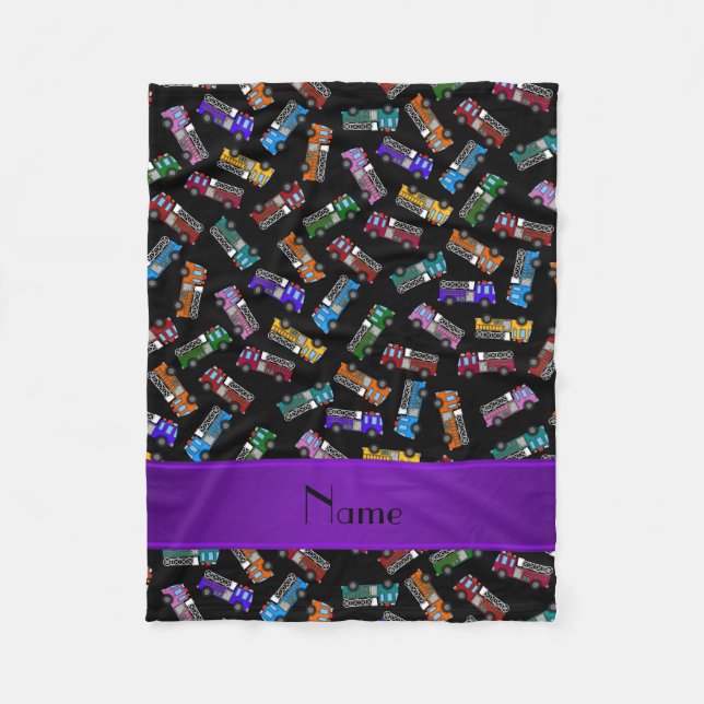 Personalised name black rainbow fire trucks fleece blanket (Front)