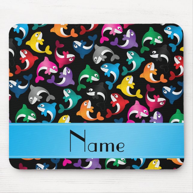 Personalised name black rainbow killer whales mouse mat (Front)