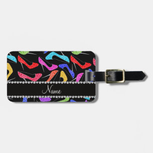 Personalised name black rainbow leopard high heels luggage tag