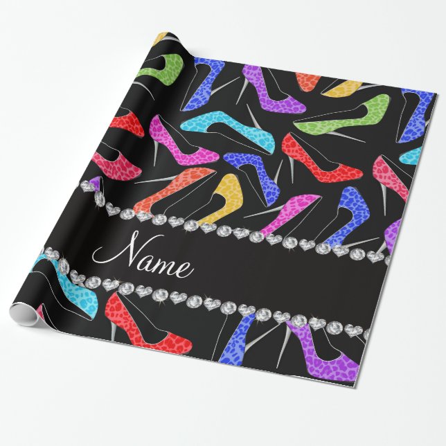 Personalised name black rainbow leopard high heels wrapping paper (Unrolled)