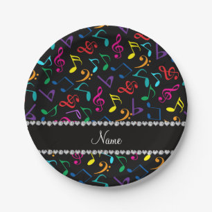 Personalised name black rainbow music notes paper plate