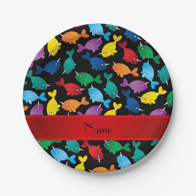 Personalised name black rainbow narwhals paper plate (Front)