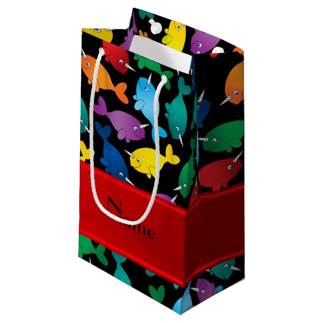 Personalised name black rainbow narwhals small gift bag (Front Angled)