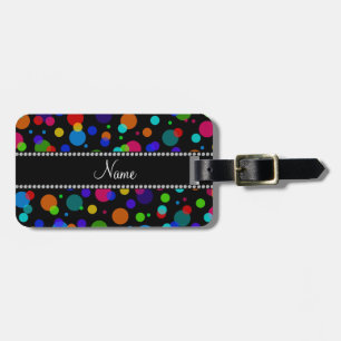 Personalised name black rainbow polka dots luggage tag