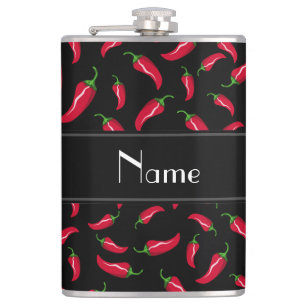 Personalised name black red chilli pepper hip flask