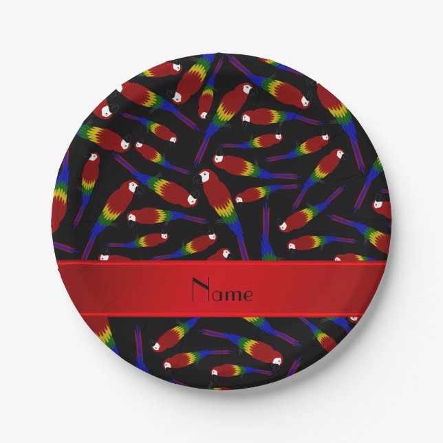 Personalised name black red parrots paper plate (Front)