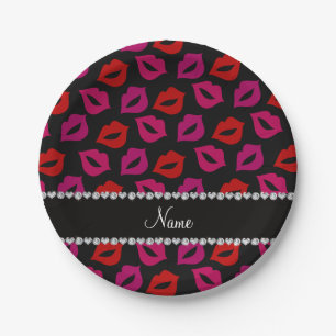 Personalised name black red pink lips paper plate