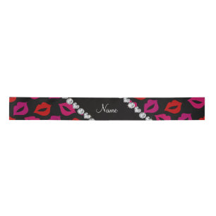 Personalised name black red pink lips satin ribbon