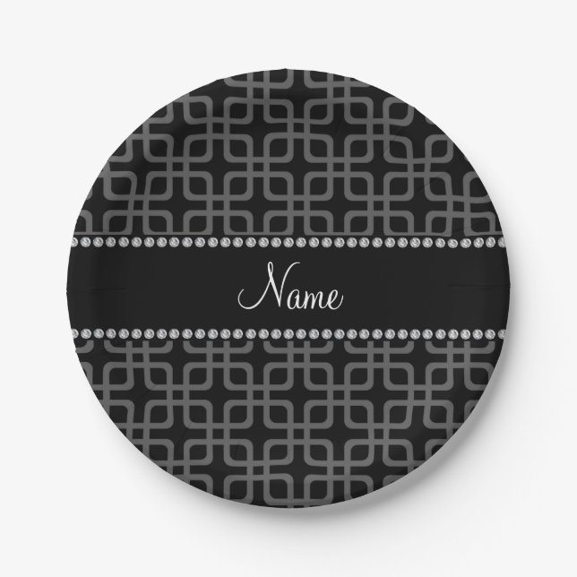 Personalised name black retro squares paper plate (Front)