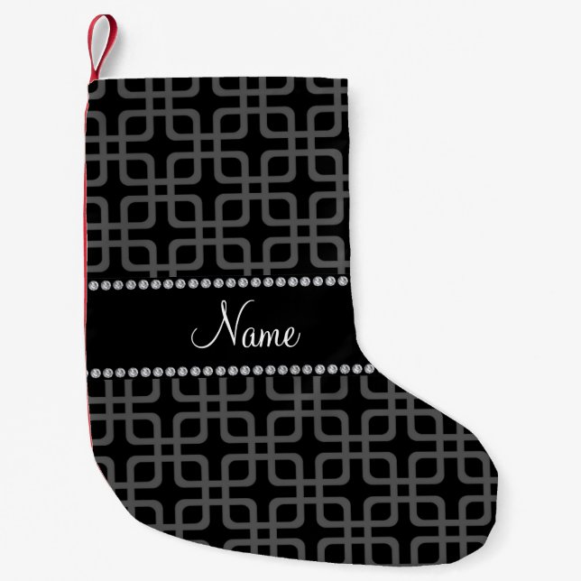Personalised name black retro squares small christmas stocking (Front)