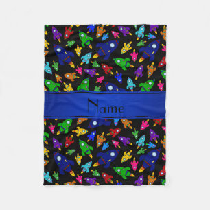 Personalised name black rocket ships fleece blanket