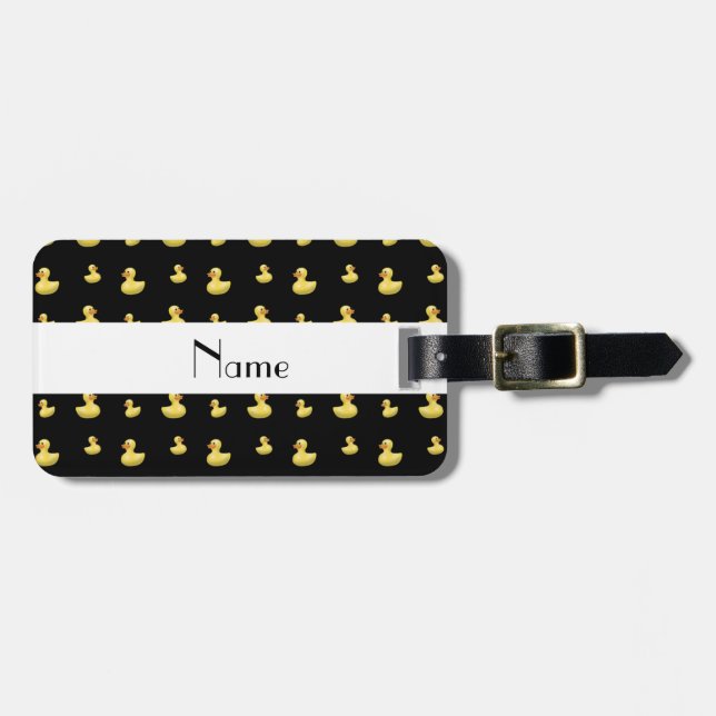 Personalised name black rubber duck pattern luggage tag (Front Horizontal)