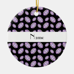Personalised name black rugby balls ceramic tree decoration