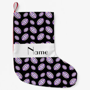 Personalised name black rugby balls small christmas stocking