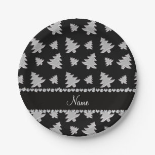 Personalised name black silver christmas trees paper plate