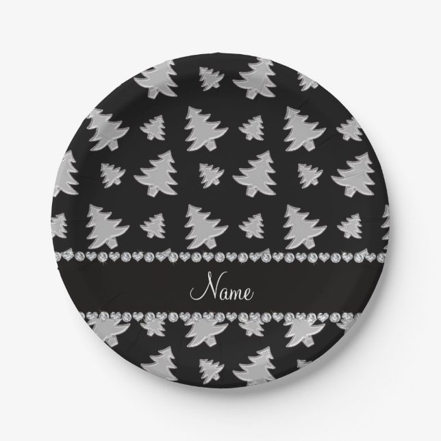 Personalised name black silver christmas trees paper plate (Front)