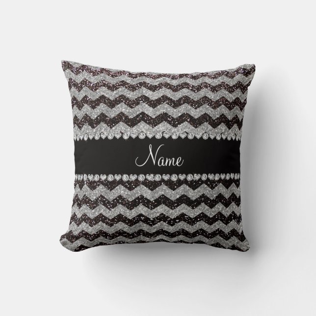 Personalised name black silver glitter chevrons cushion (Front)
