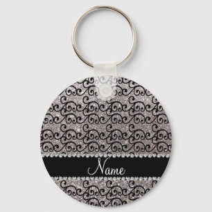 Personalised name black silver glitter swirls key ring