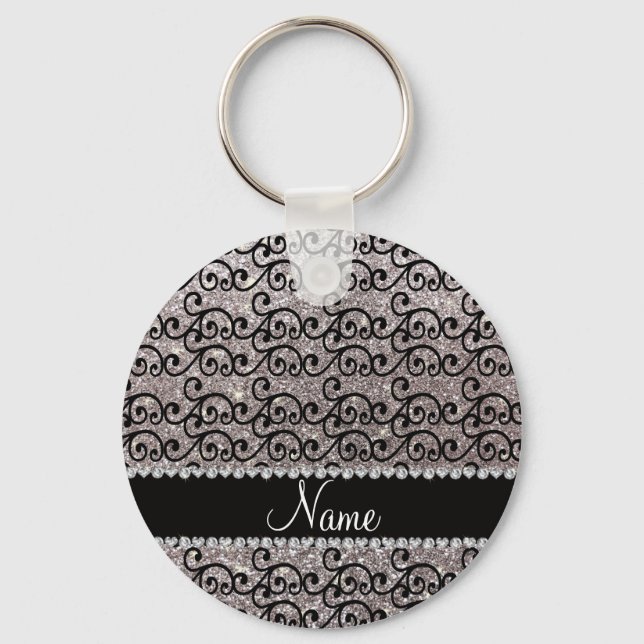 Personalised name black silver glitter swirls key ring (Front)