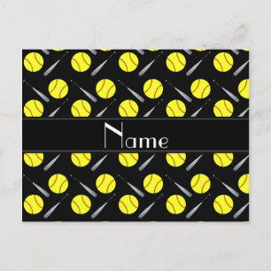 Personalised name black softball pattern postcard