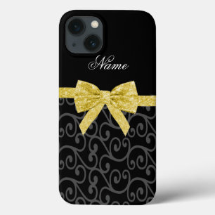 Personalised name black swirls gold glitter bow iPhone 13 case