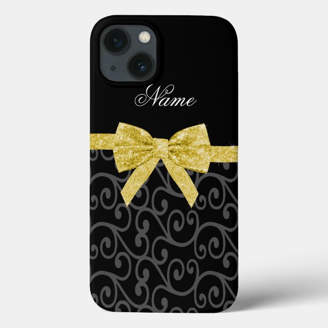 Personalised name black swirls gold glitter bow Case-Mate iPhone case (Back)