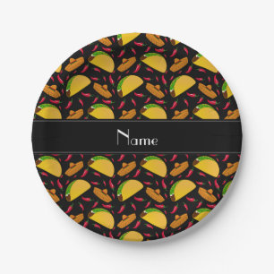 Personalised name black tacos sombreros chilis paper plate