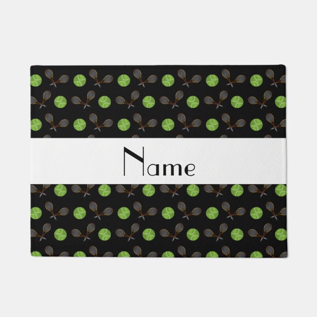 Personalised name black tennis balls doormat (Front)