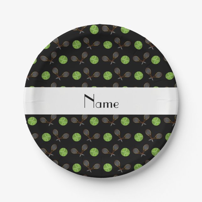 Personalised name black tennis balls paper plate (Front)
