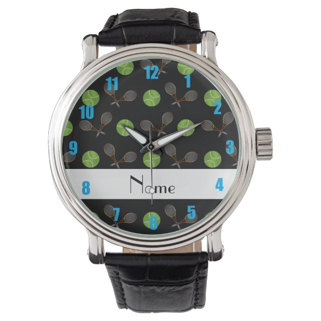 Personalised name black tennis balls watch (Front)