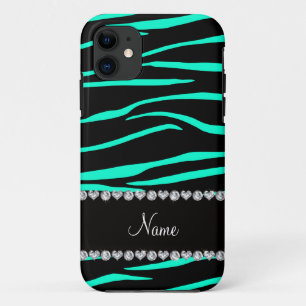 Personalised name black turquoise zebra stripes iPhone 11 case