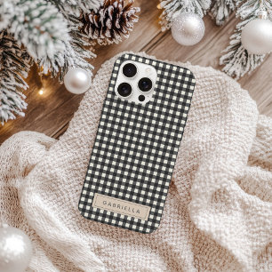 Personalised Name Black Vintage Gingham Plaid Chic iPhone 16 Case