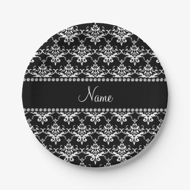 Personalised name black white damask paper plate (Front)