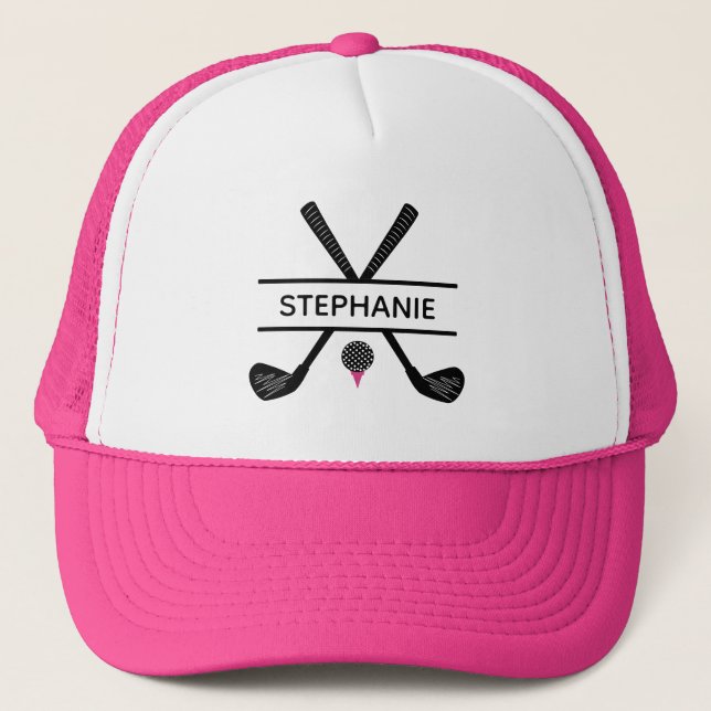 Personalised Name Black White Pink Golf Trucker Hat (Front)