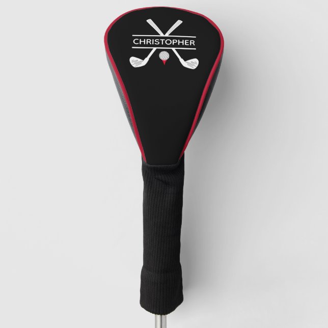 Personalised Name Black White Red Golf Head Cover (Front)