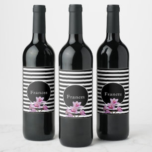 Personalised Name Black & White Stripe w Orchids Wine Label