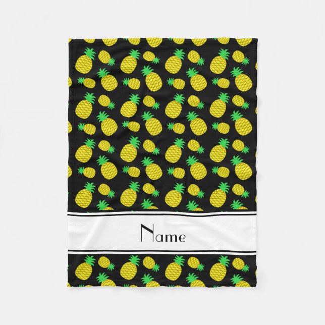 Personalised name black yellow pineapples fleece blanket (Front)