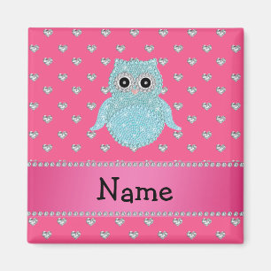 Personalised name bling owl diamonds pink hearts magnet