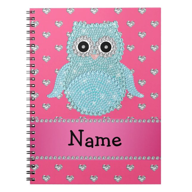 Personalised name bling owl diamonds pink hearts notebook (Front)