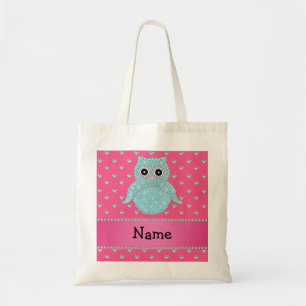 Personalised name bling owl diamonds pink hearts tote bag