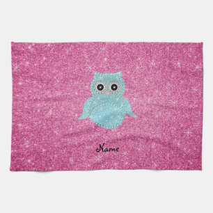 Personalised name bling owl diamonds tea towel