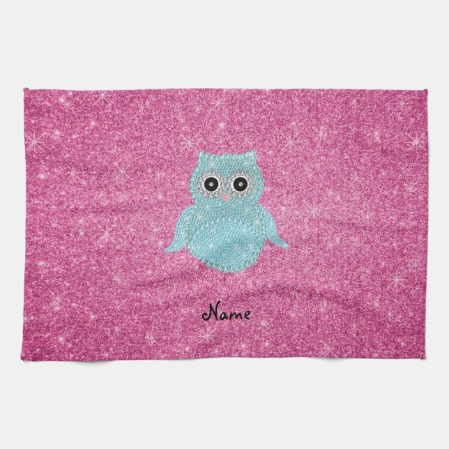 Personalised name bling owl diamonds tea towel (Horizontal)