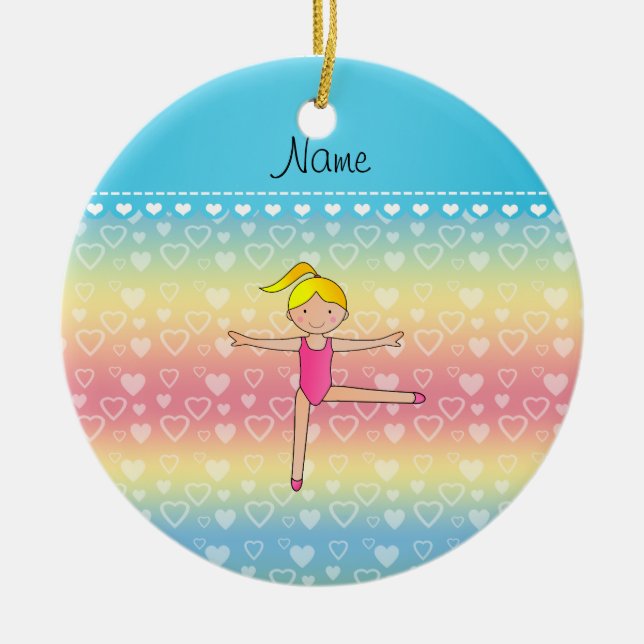 Personalised name blonde gymnast rainbow hearts ceramic tree decoration (Front)