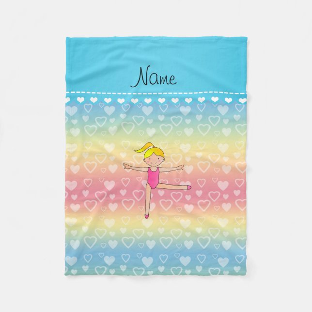 Personalised name blonde gymnast rainbow hearts fleece blanket (Front)