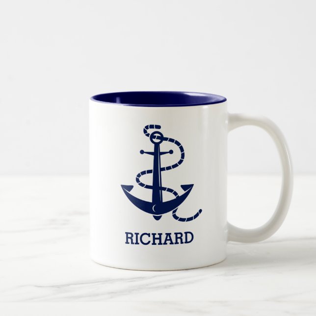 Personalised Name Blue Anchor Nautical Coffee Mug (Right)