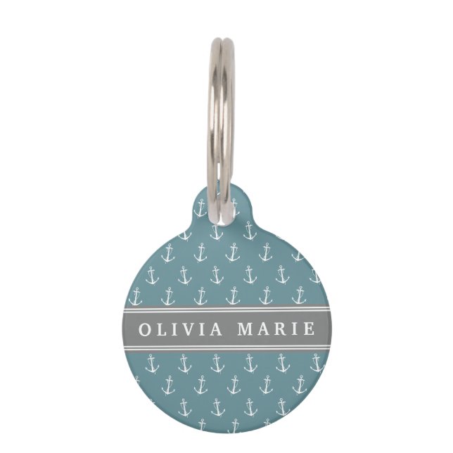 Personalised Name Blue Anchor Pattern Pet Tag (Front)