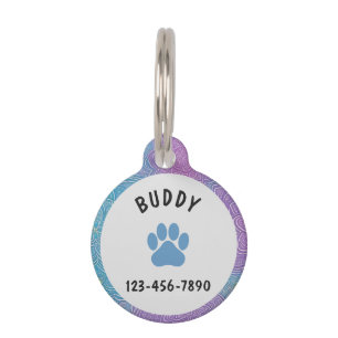 Personalised Name Blue and Purple Floral Paw Print Pet Tag