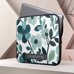 Personalised Name Blue Aqua Floral Vines  Laptop Sleeve