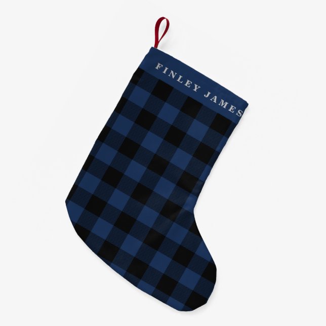 Personalised Name Blue Black Buffalo Plaid Rustic Small Christmas Stocking (Front (Hanging))