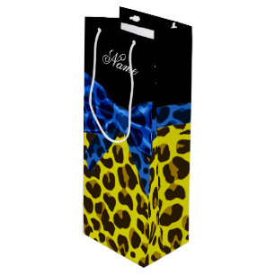 Personalised name blue bow yellow leopard wine gift bag